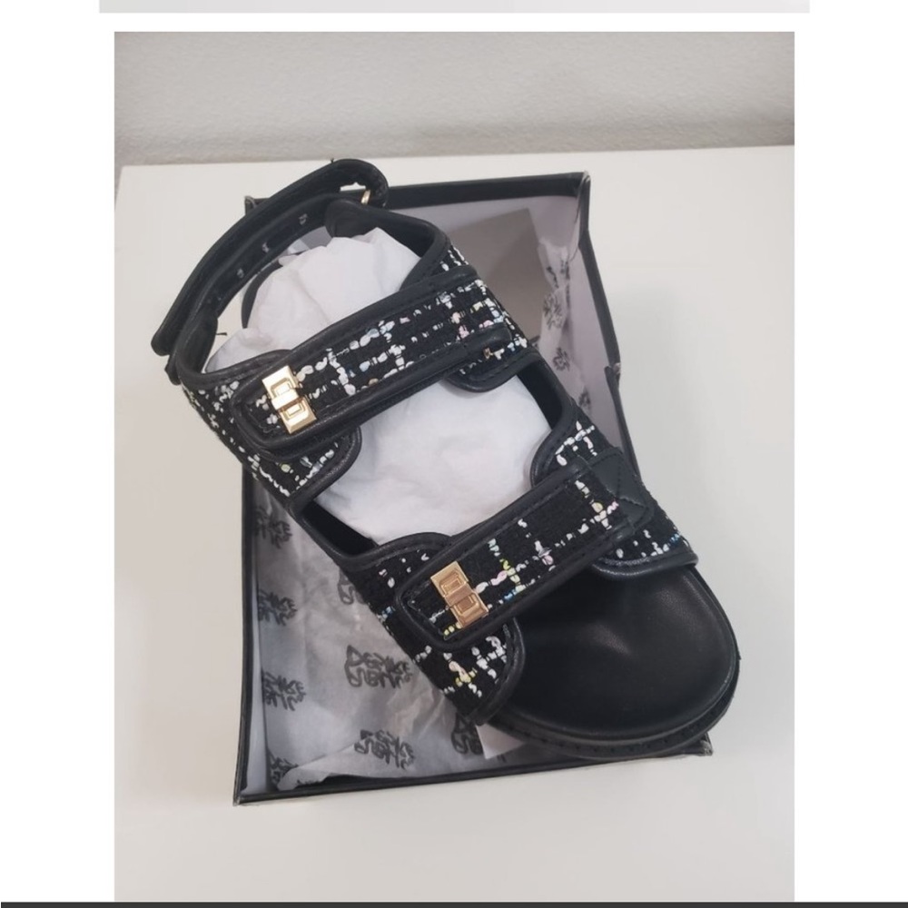 New Public Desire Wide Fit Carmen chunky grandad sandals in black boucle Size US